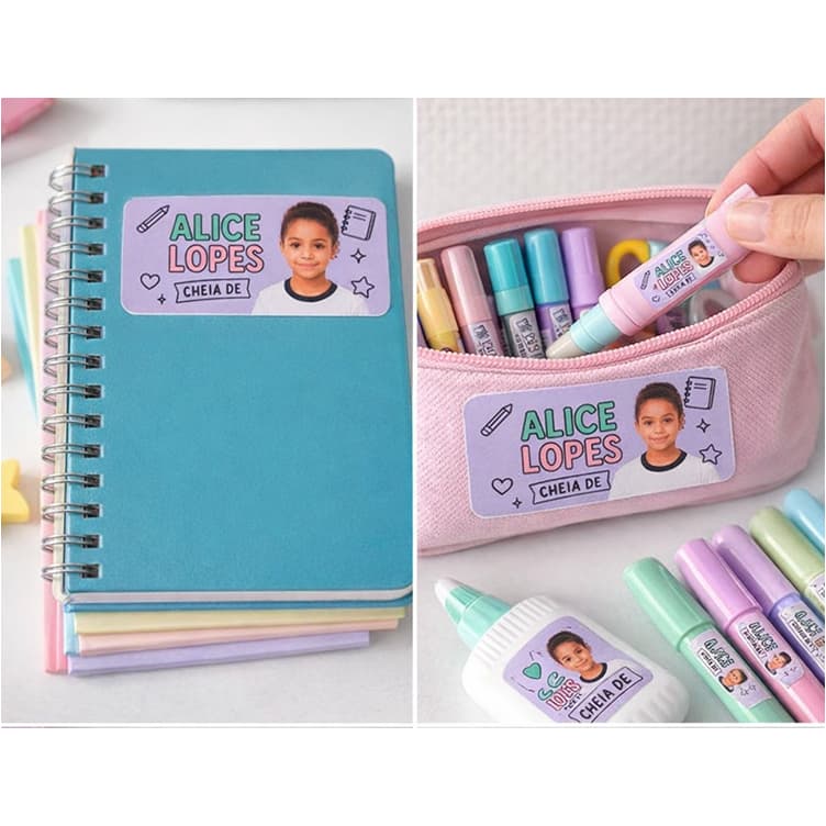 Kit 60 Etiquetas adesivas escolares (M e G) personalizadas com foto/ Kit de etiquetas adesivas escolares personalizadas
