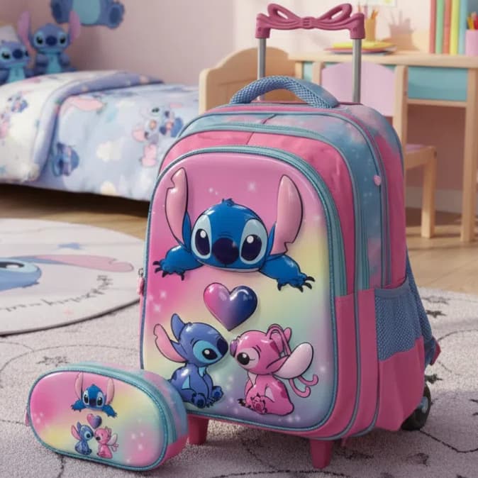 Kit3 Mochila Escolar com Rodinhas Infantil Meninas 3D Stitch Labubu Desenho FOFO Lancheira e Estojo