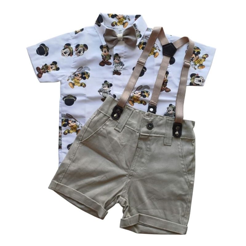 Conjunto infantil Social Menino Personagens Mickey Safari Festa Aniversário Camisa Suspensório Bermuda