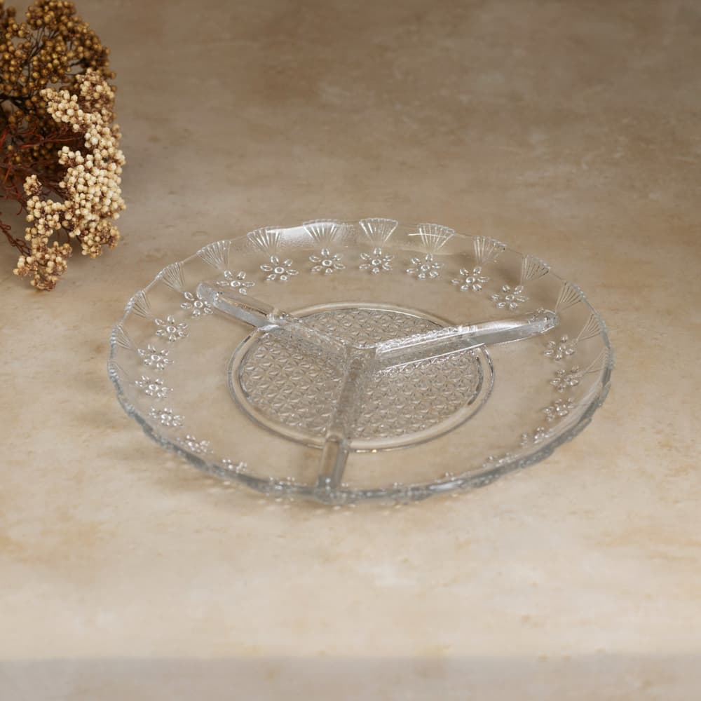 Petisqueira de Vidro Floral Lyor 19,5cm 3 Divisórias Elegante ´para Petisco Molhos e Acompanhamentos