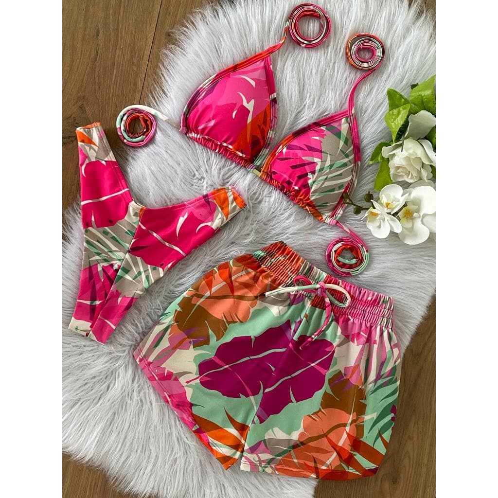 Conjunto Biquíni Cortininha + Shortinho  | Look Feminino Praia Verão Estiloso e Colorido Rosa