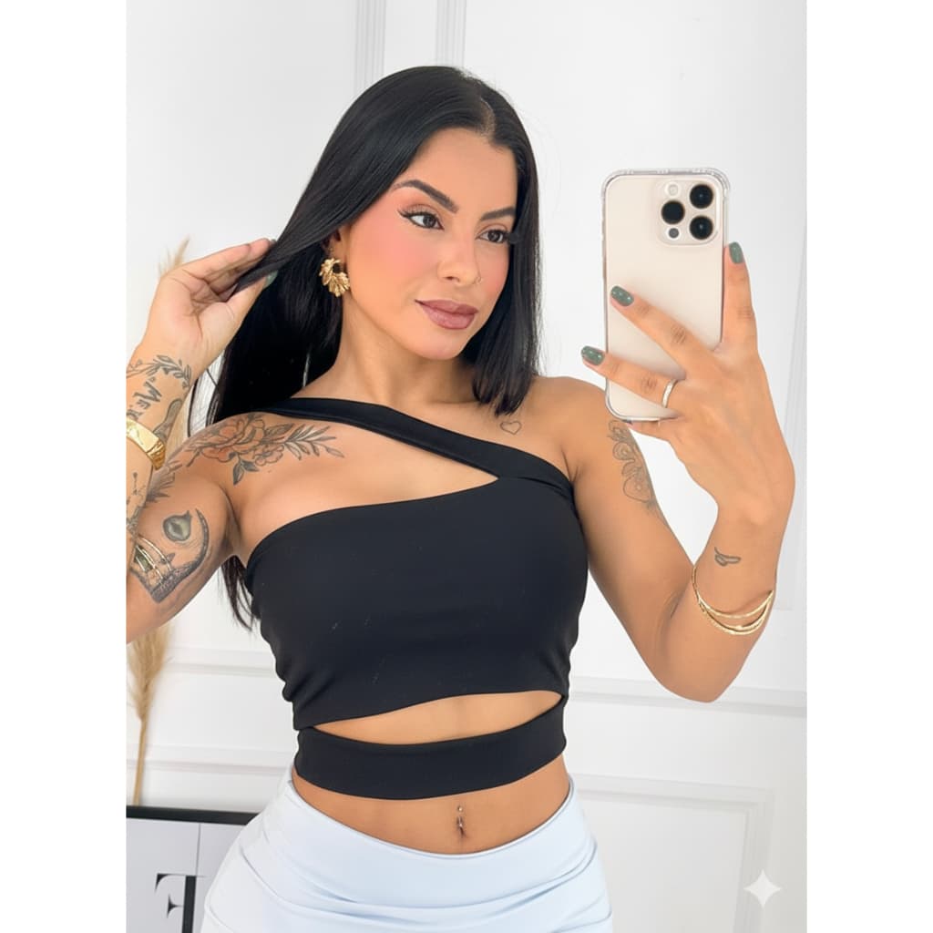 Cropped Sem Manga Moda Blogueira Gringa Alça Trançada Faixa Recorte Assimétrico