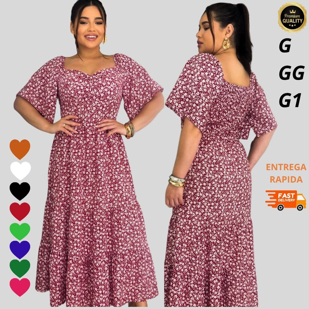 Vestido Midi Feminino Plus Size G GG G1 | Estampa Floral | Cintura com Elástico | Caimento Perfeito