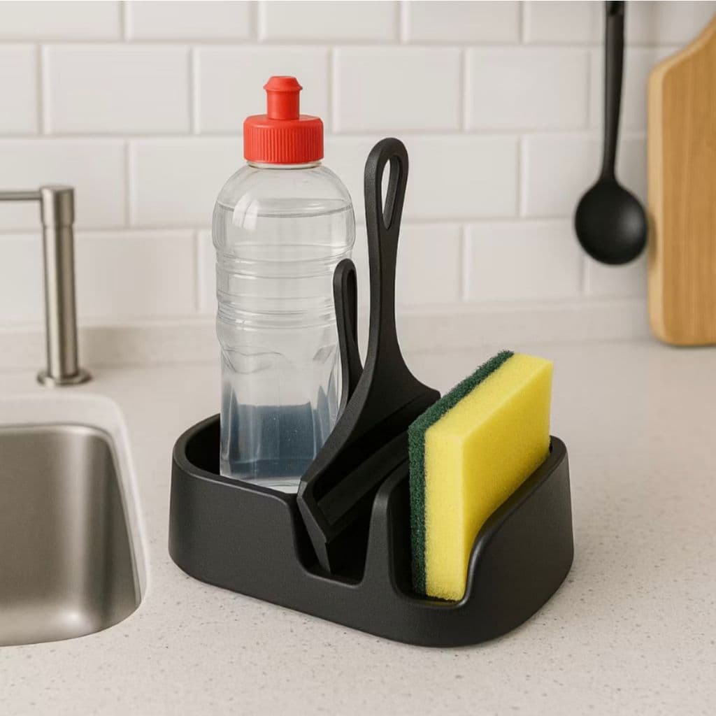 Porta Detergente com Rodinho Preto | Kit Pia | Organizador de Cozinha