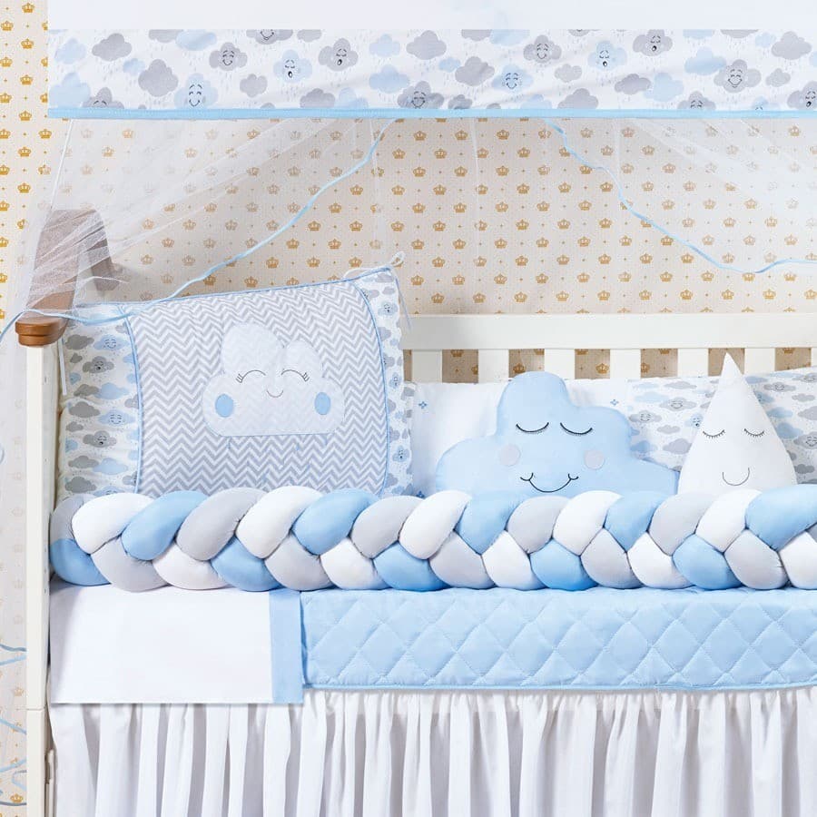 Kit Berço Nuvem Trança 11 Pcs Menino Azul Bebê Bebe Protetor Americano Mosquiteiro