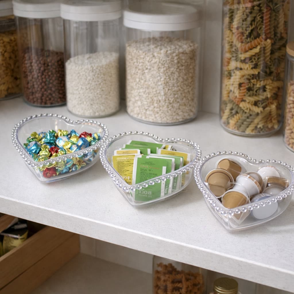 KIT COM 10 CUMBUCAS ORGANIZADORAS/PETISQUEIRA FORMATO CORAÇÃO CRISTAL EM ACRÍLICO RESISTENTE