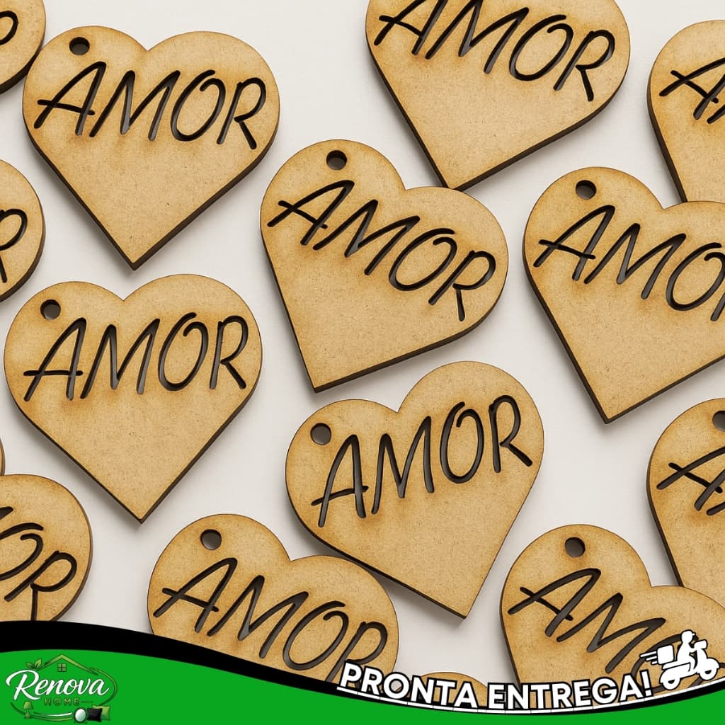 KIT DE CHAVEIROS DE CORAÇÃO EM MDF COM "AMOR" VAZADO - TAGS PARA ARTESANATO.