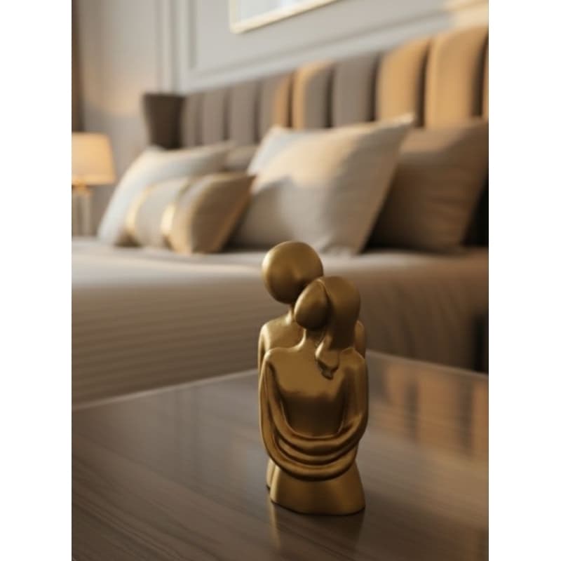 ​Escultura Casal Abraço Dourado Abstrato – Estatueta Amor e União Premium Enfeite Quarto Sala