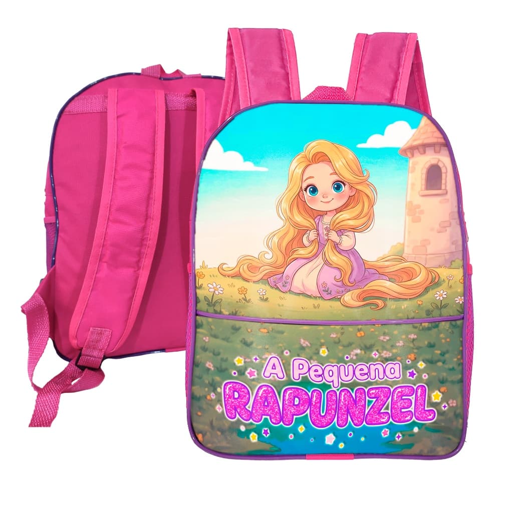 Mochila Bolsa Infantil Menina Rosa Estampa Rapunzel Fofa Resistente com Alça Ajustável