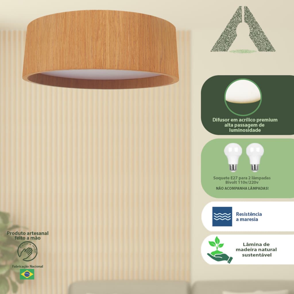 Plafon Redondo Madeira 30cm Luminária Decoração Design Moderno