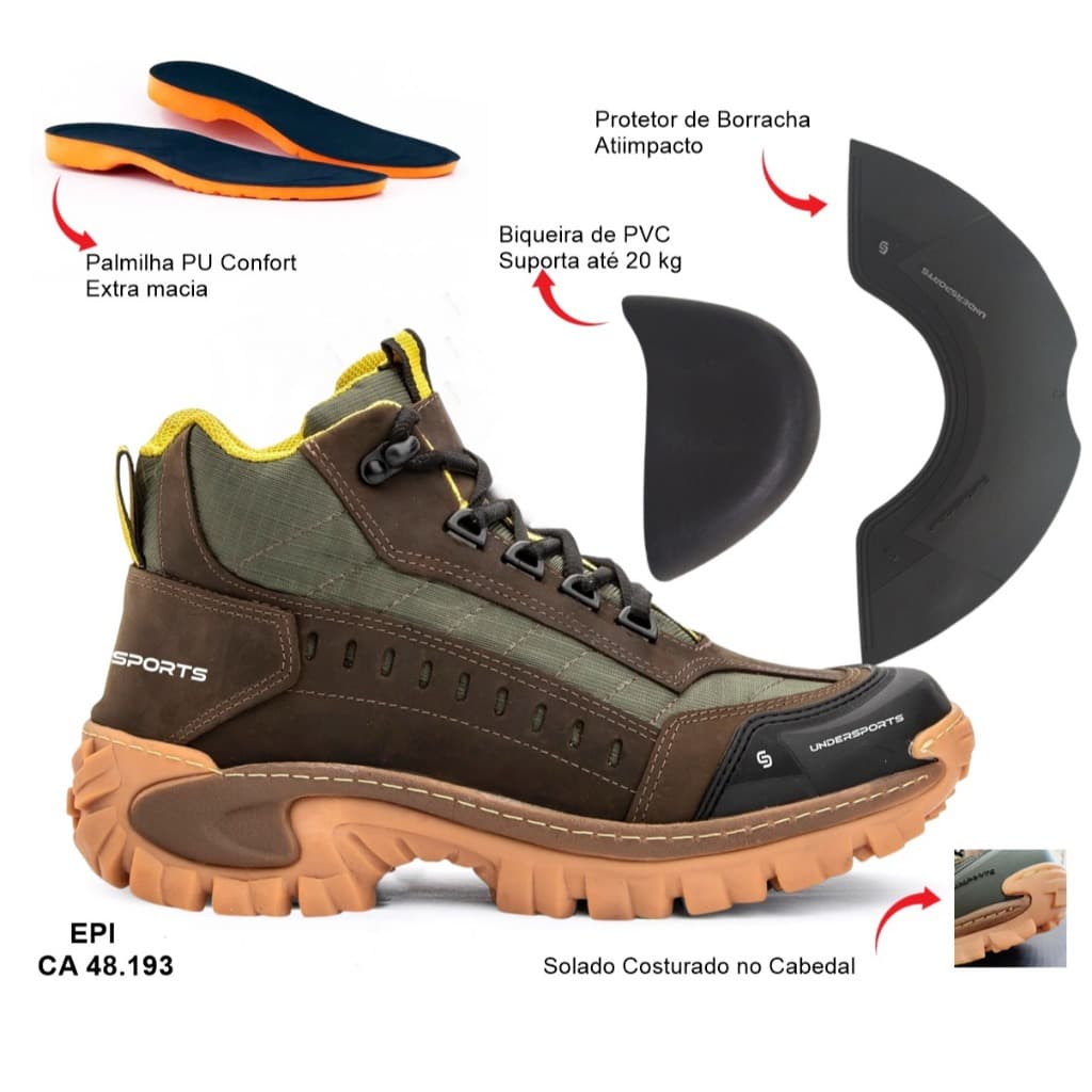 BOTA 2068 UNDERSPORTS TRABALHO E LAZER ,DVENTURE PALMILHA GEL COM CERTIFICADO TRILHA  MOTOQUEIRO TOP