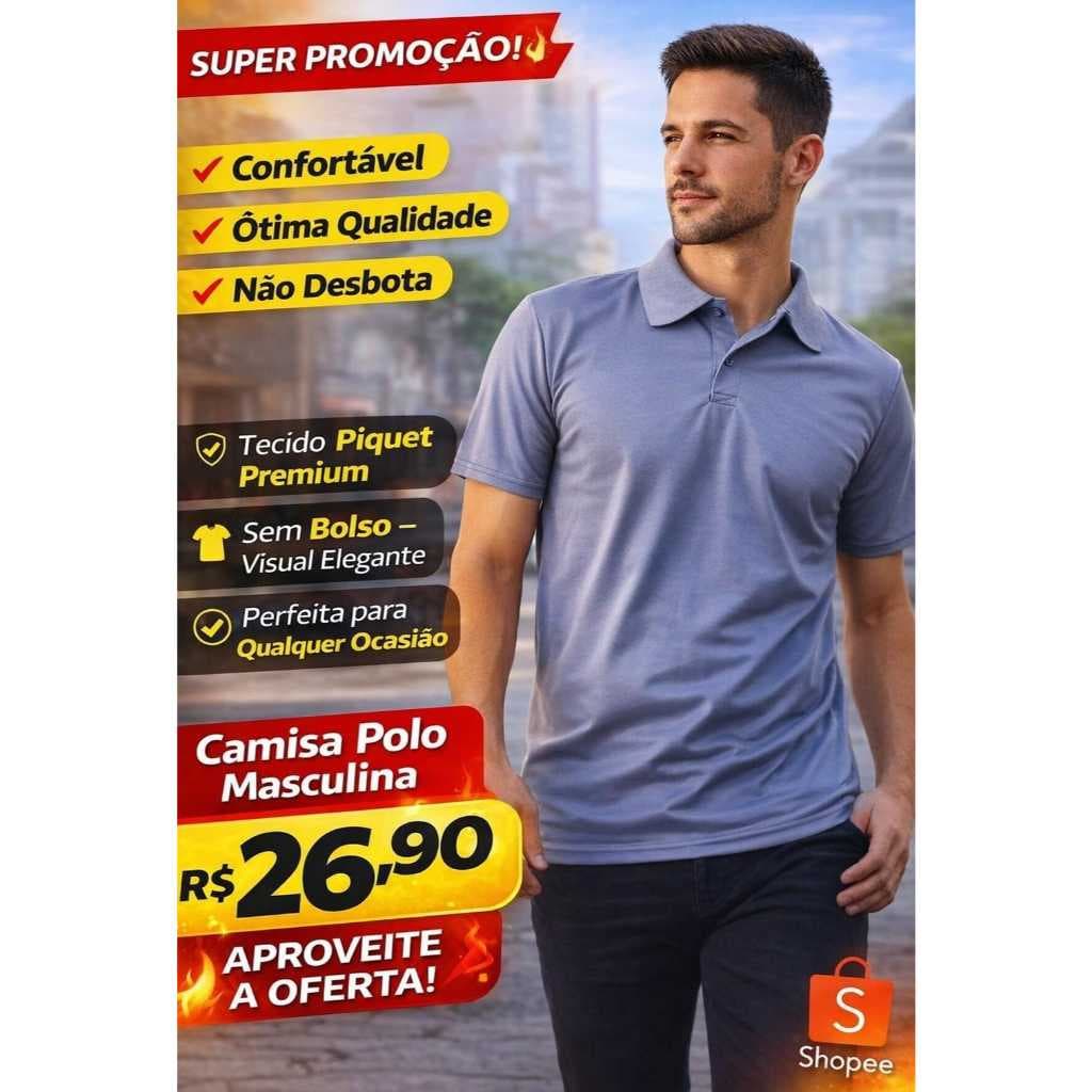 Camisa Polo Masculina Piquet Cinza Premium – Confortável, Sem Bolso | Oferta