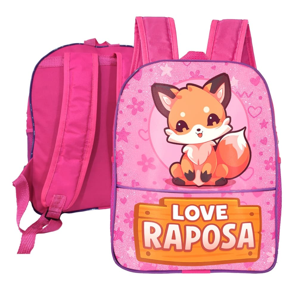 Mochila Bolsa Escolar Infantil Rosa Estampa Love Raposinha Fofa Menina Resistente com Alça Ajustável Volta As Aulas