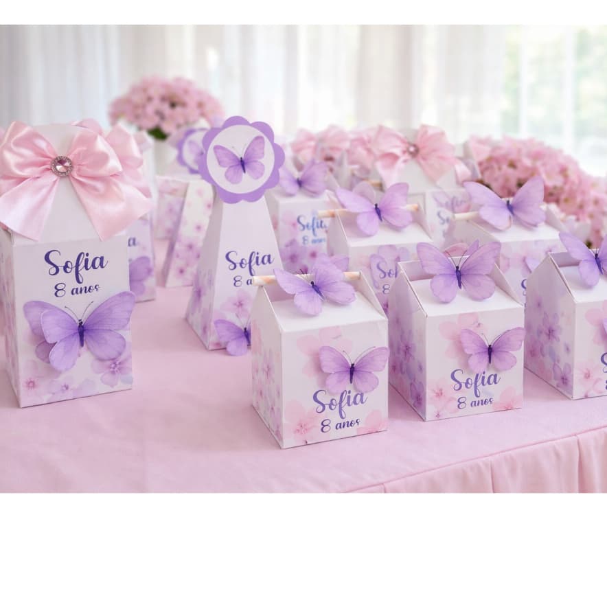 Kit de festa15 personalizado borboletas lilás/Kit com 15 caixas personalizadas Borboletas