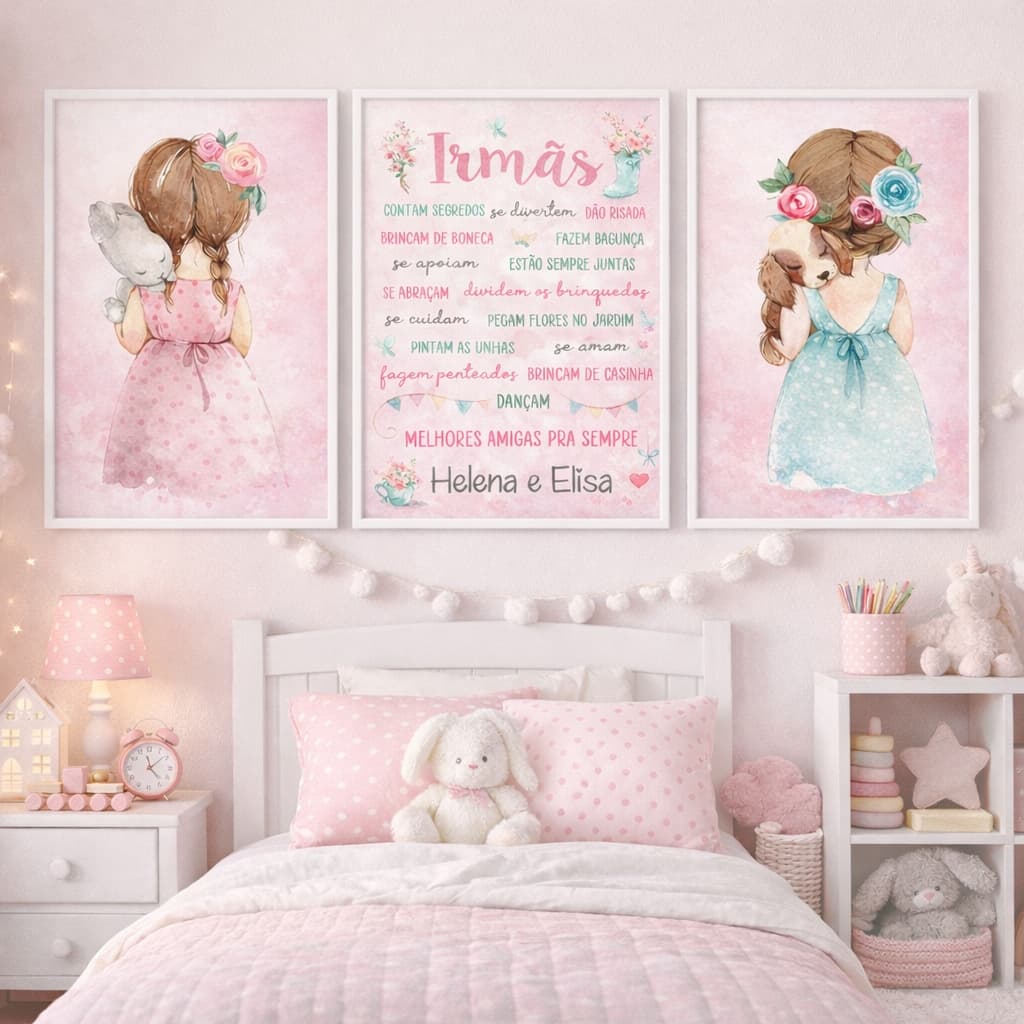 QUADROS DECORATIVOS INFANTIL MENINA IRMAS QUARTO  KIT COM 3 PEÇAS NOMES PERSONALIZADOS