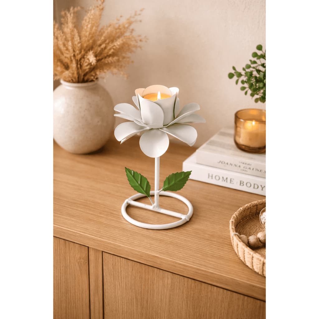 Castiçal Pedestal Pequeno Em Ferro Com Rosas Base Branca