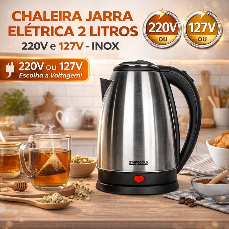 Chaleira Jarra Elétrica Inox 2 Litros Automática (1000W - 127V) ou (1500W -220V ) Café Chá Água