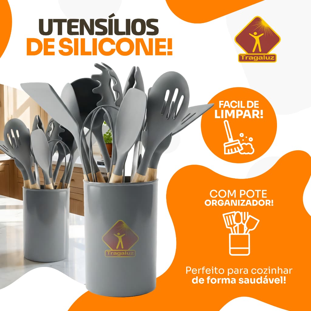 Jogo de Utensílios de Silicone Cozinha 12 Peças Premium com Suporte Gourmet - Preto, Varias Cores