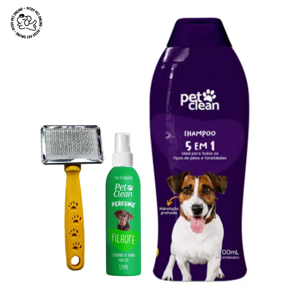 Kit Banho Shampoo para Cachorro + Perfume + Rasqueadeira