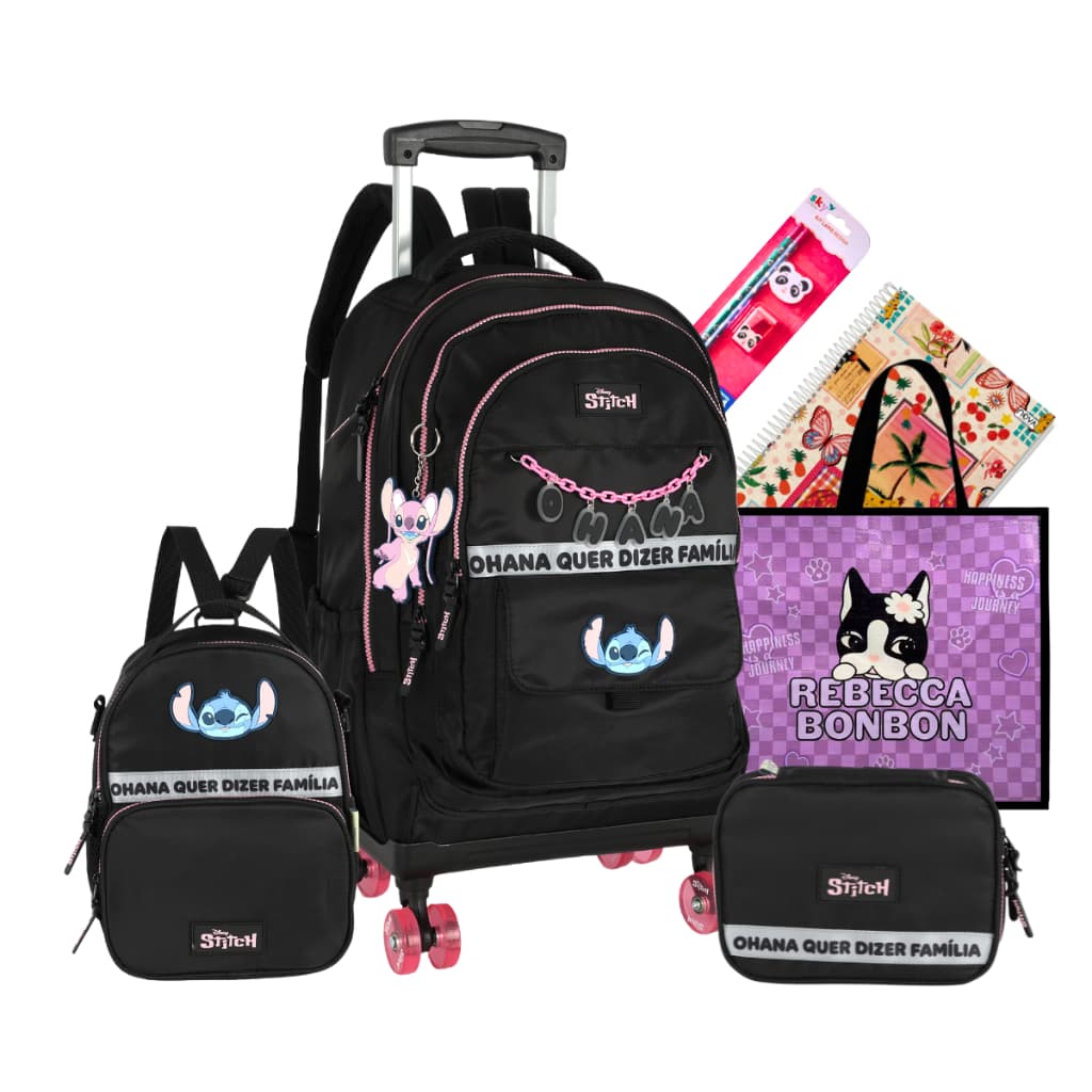 Kit Mochila Escolar Juvenil Rodinhas Stitch Original 2026