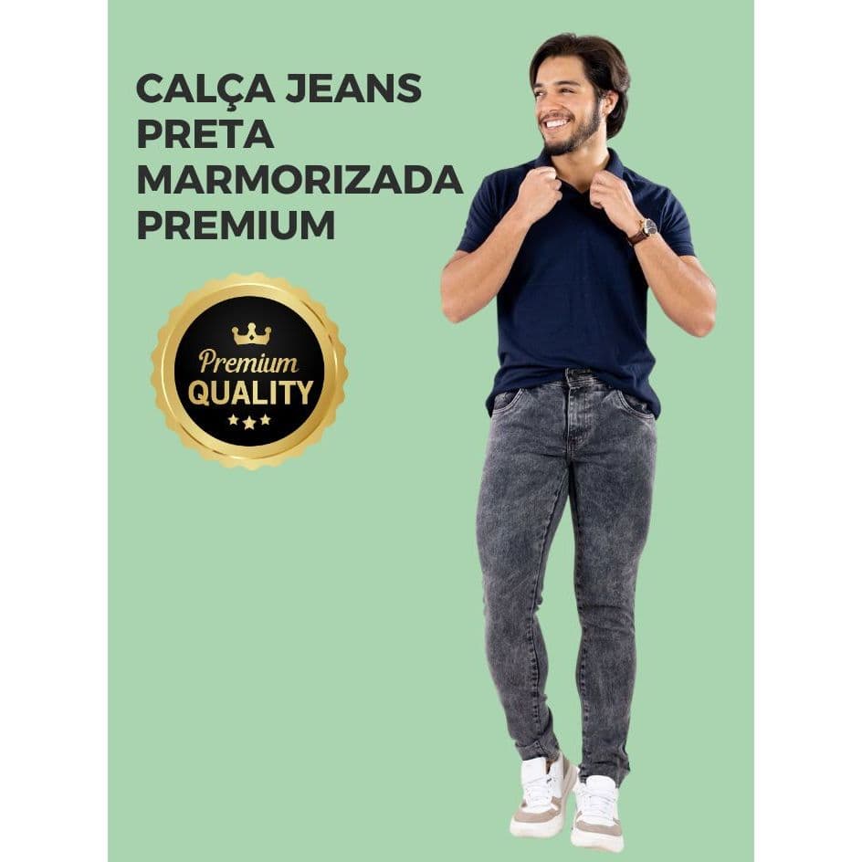 Calça Jeans Masculina Preta Marmorizada Skinny Com Elastano Não Desbota com Bolsos Funcionais