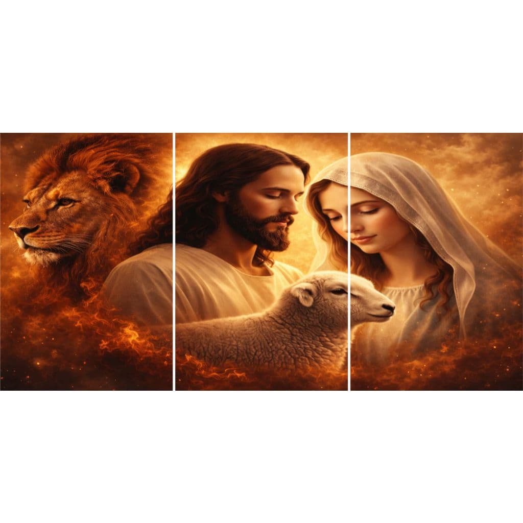 kit quadros 3 pçs religiosos Leão De Judá Nossa Senhora Jesus Cristo e ovelha (JESUS MARIA CORDEIRO)
