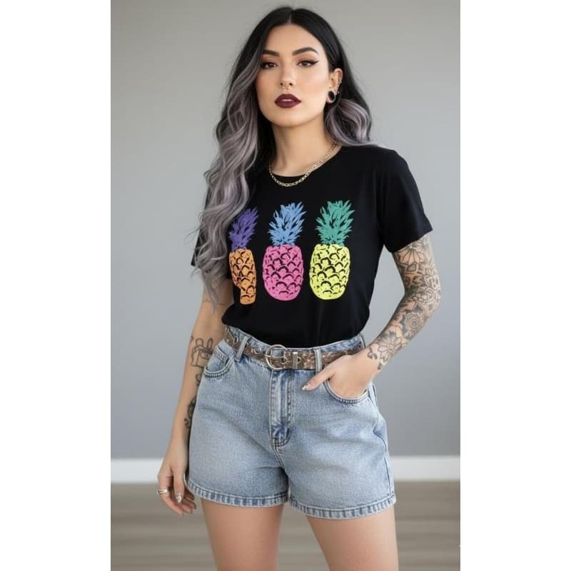 Blusa T-shirt Feminina Estampa Trio Abacaxi Viscolycra verão