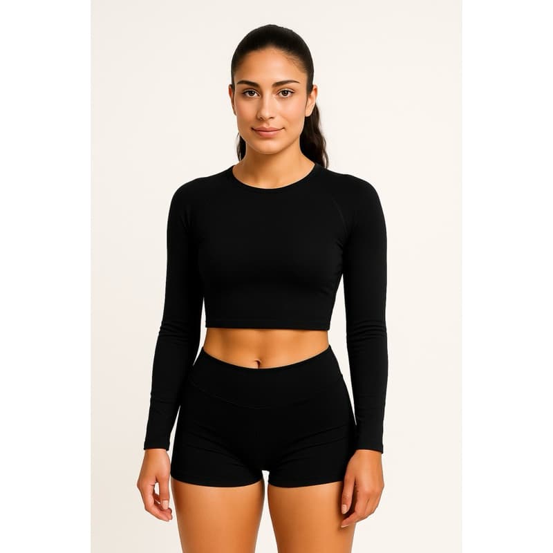 Kit Cropped Manga Longa Proteção UV+Short Moda Praia Piscina Verão