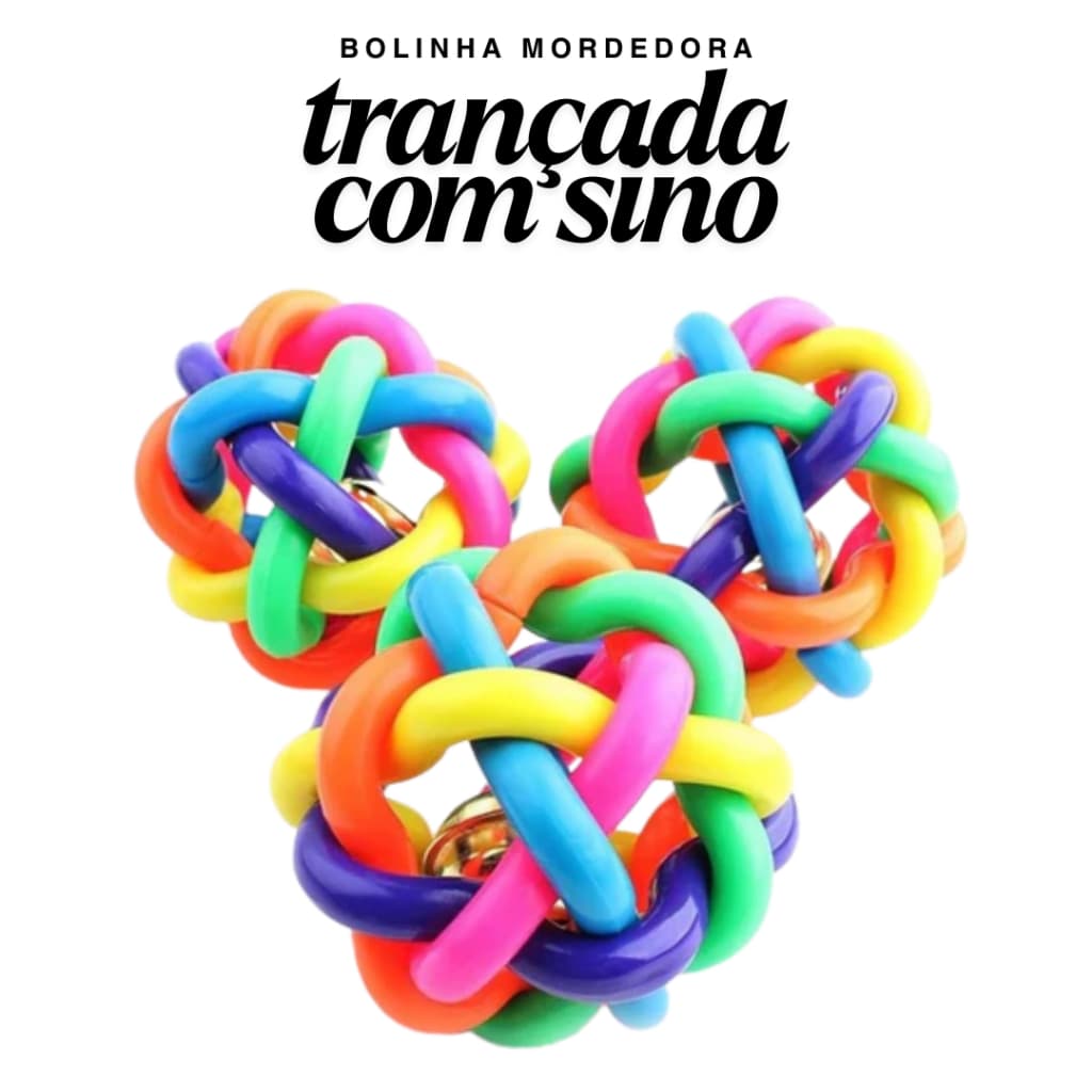 BRINQUEDO PET BOLA COLORIDA TRANÇADA COM GUIZO GATO E CACHORRO ULTRARESISTENTE