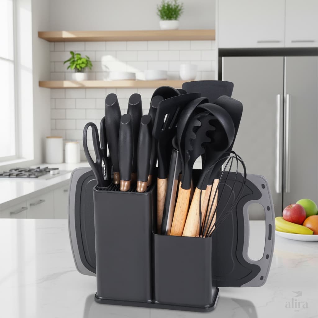 Kit Utensílios Cozinha Silicone 19 Peças C/ Facas Tábua E Suporte Cabo Madeira