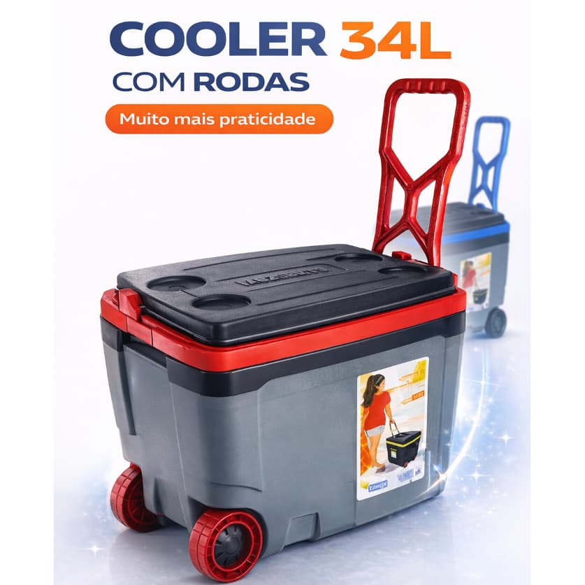 Caixa Térmica Cooler 34 Litros com Rodinhas – 48 Latas – Praia e Churrasco – Cores Aleatórias