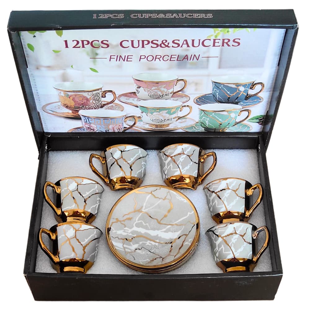 Kit 6 Xícaras + 6 Pires 80ml Cafézinho – Detalhes Dourado, Clássico e Sofisticado