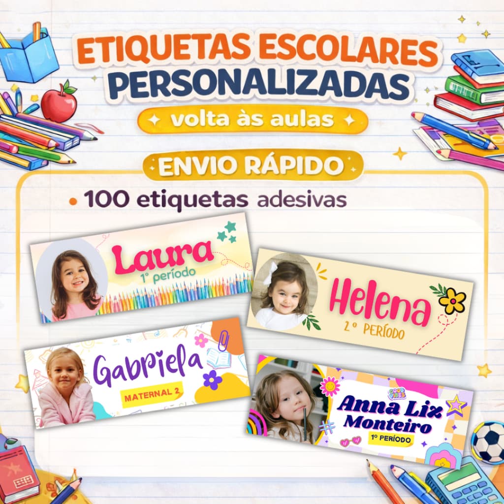 ENVIO RÁPIDO- 100 Etiquetas escolar personalizada com FOTO | Etiqueta para caderno | menina