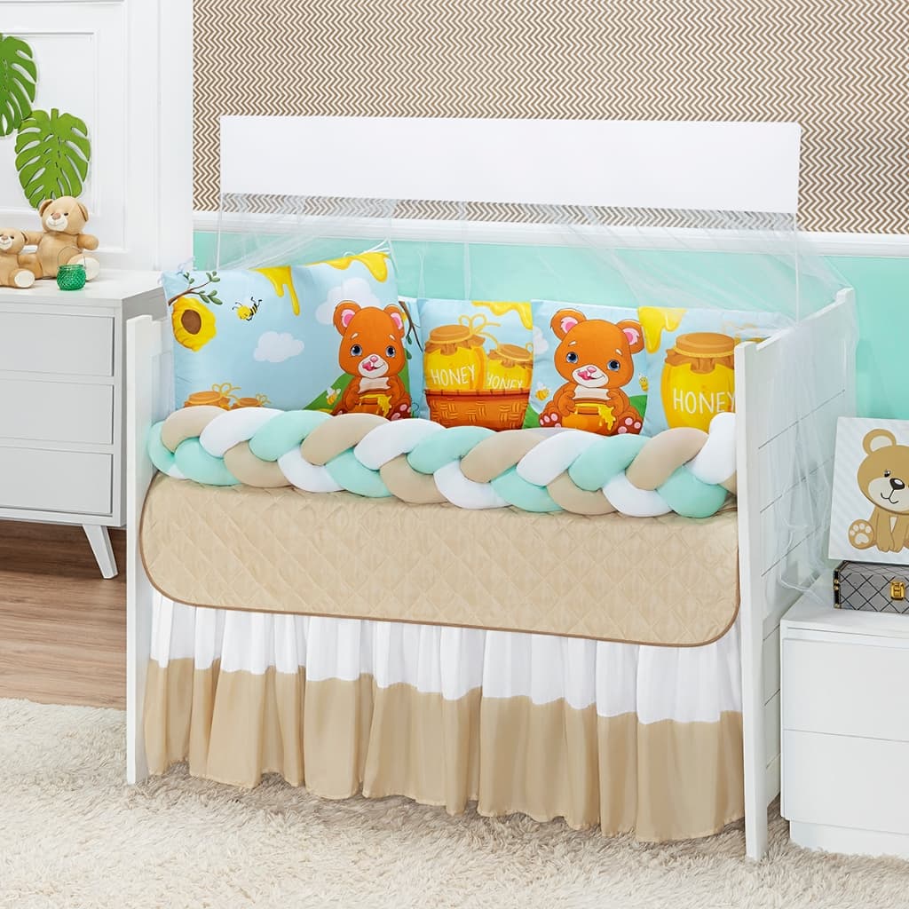 Kit Berço Sublimado Trança 10 Pcs Urso Mel Bege Menino