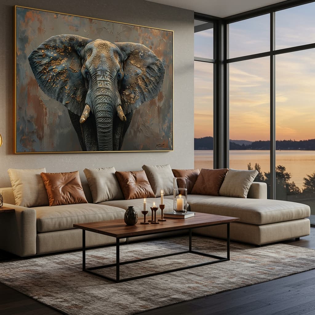 Quadro Decorativo Animal Elefante Tromba Pintado Cinza Detalhes Tom Terroso Horizontal Moldura E Vidro
