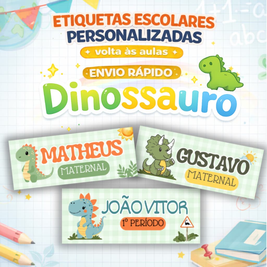 ENVIO RÁPIDO- 100 Etiquetas escolar personalizada DINOSSAURO | Etiqueta para caderno | MENINO