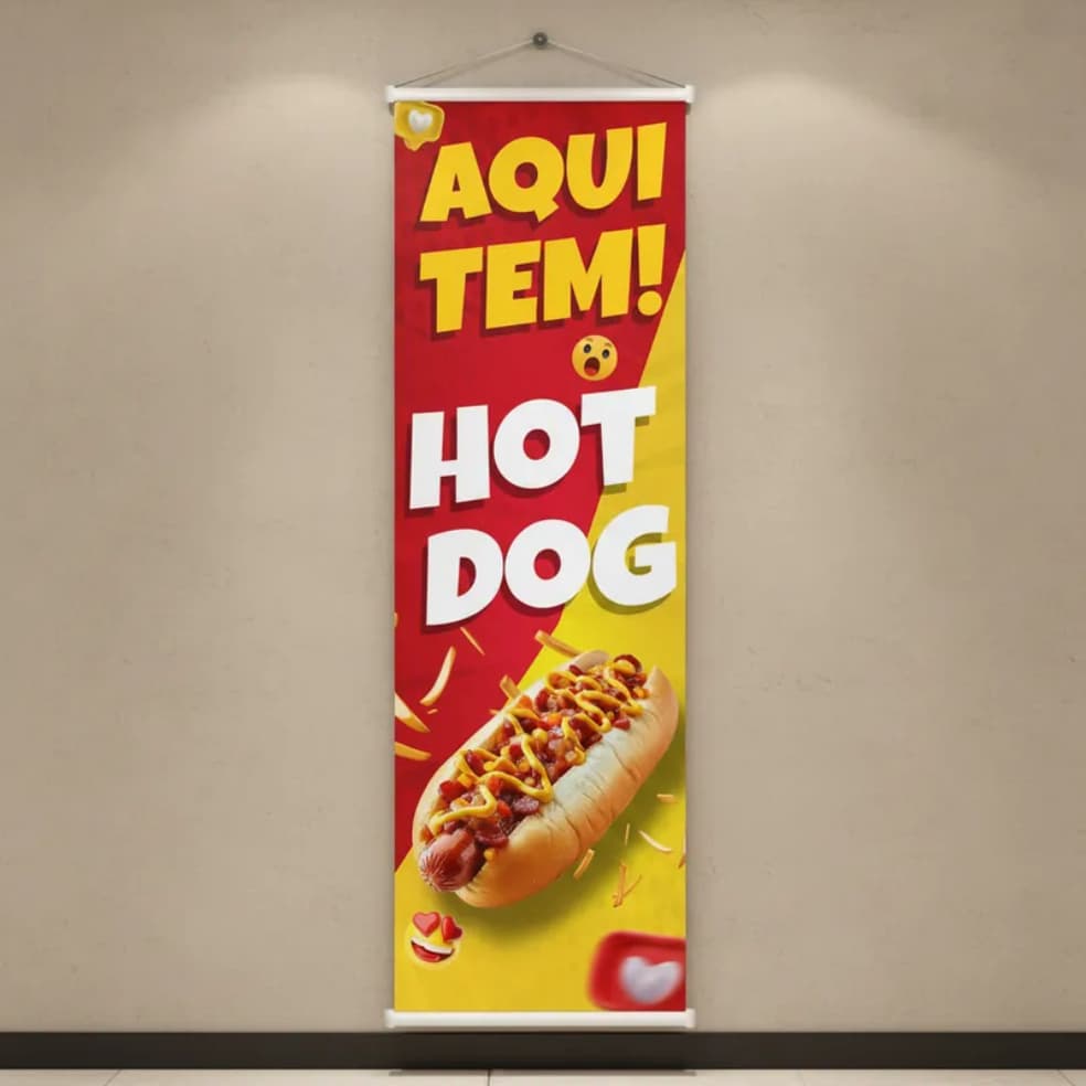 Banner Faixa Lona Aqui Tem Cachorro Quente Hot Dog Food Truck Lanchonete Divulgação Comércio 100x30