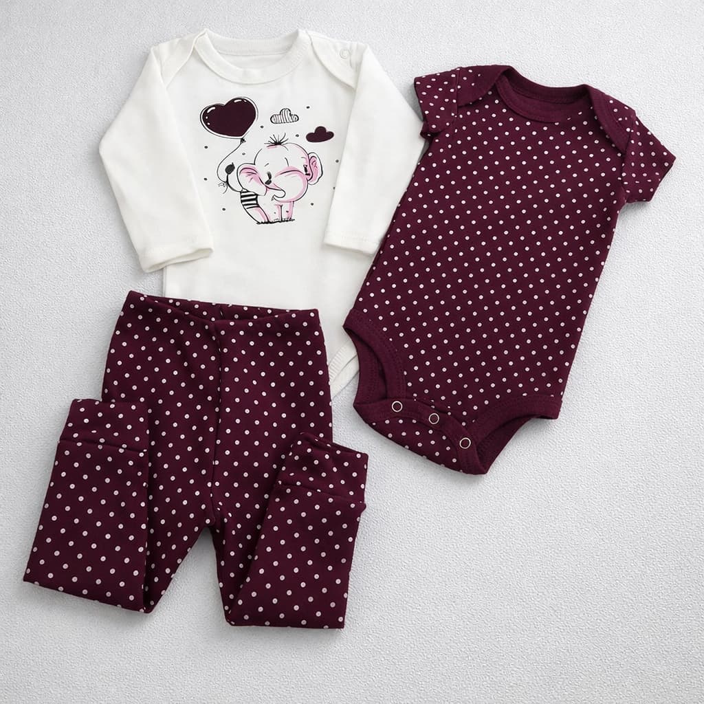 Conjunto Bebê Menina Algodão 3 Peças – Body longo Estampado + Body curto + Calça