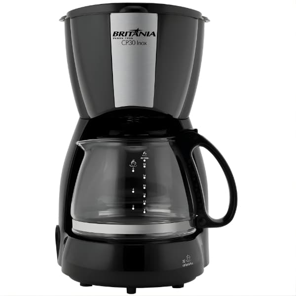 Cafeteira Britânia CP30 Inox 30 Cafés 1.2L Jarra de Vidro Sistema CortaPingo Filtro Lavável