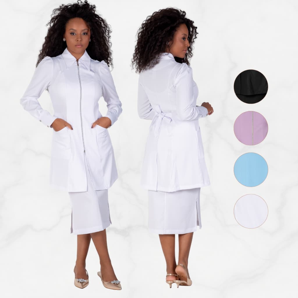 Jaleco Feminino Alfaiataria Manga Longa Acinturado Com Zíper Elegante Profissional Two Way