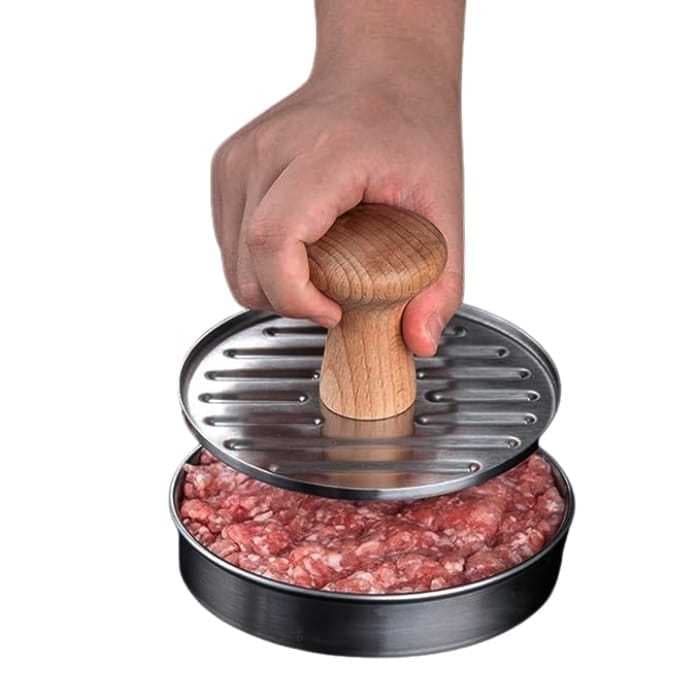 Modelador Prensa de Hambúrguer 12cm Inox com Cabo de Madeira – Molde para Hambúrguer Artesanal