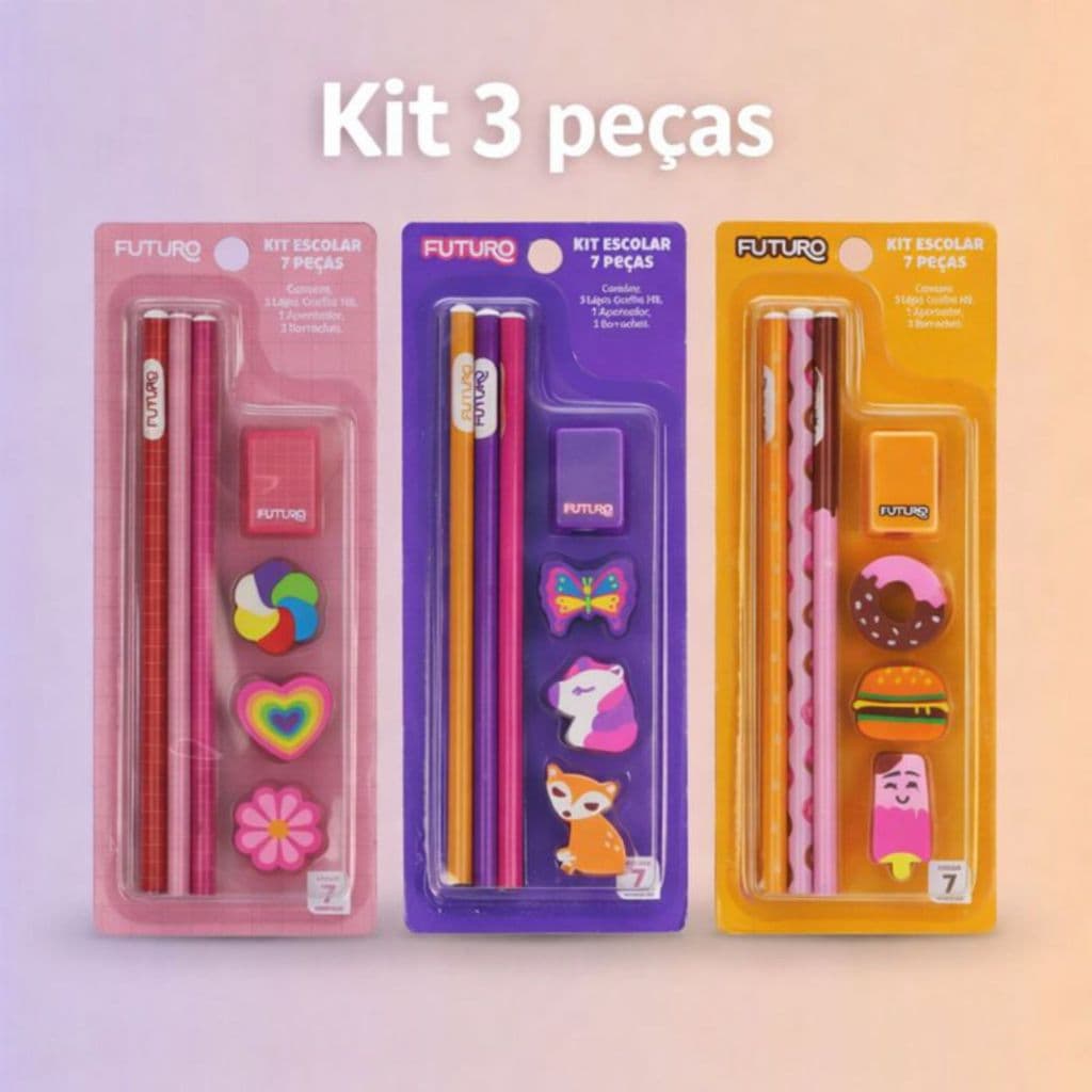 3x Kit Escolar 7 Peças Tema Cute, Animais e Comida – Ideal para Lembrancinhas e Volta às Aulas