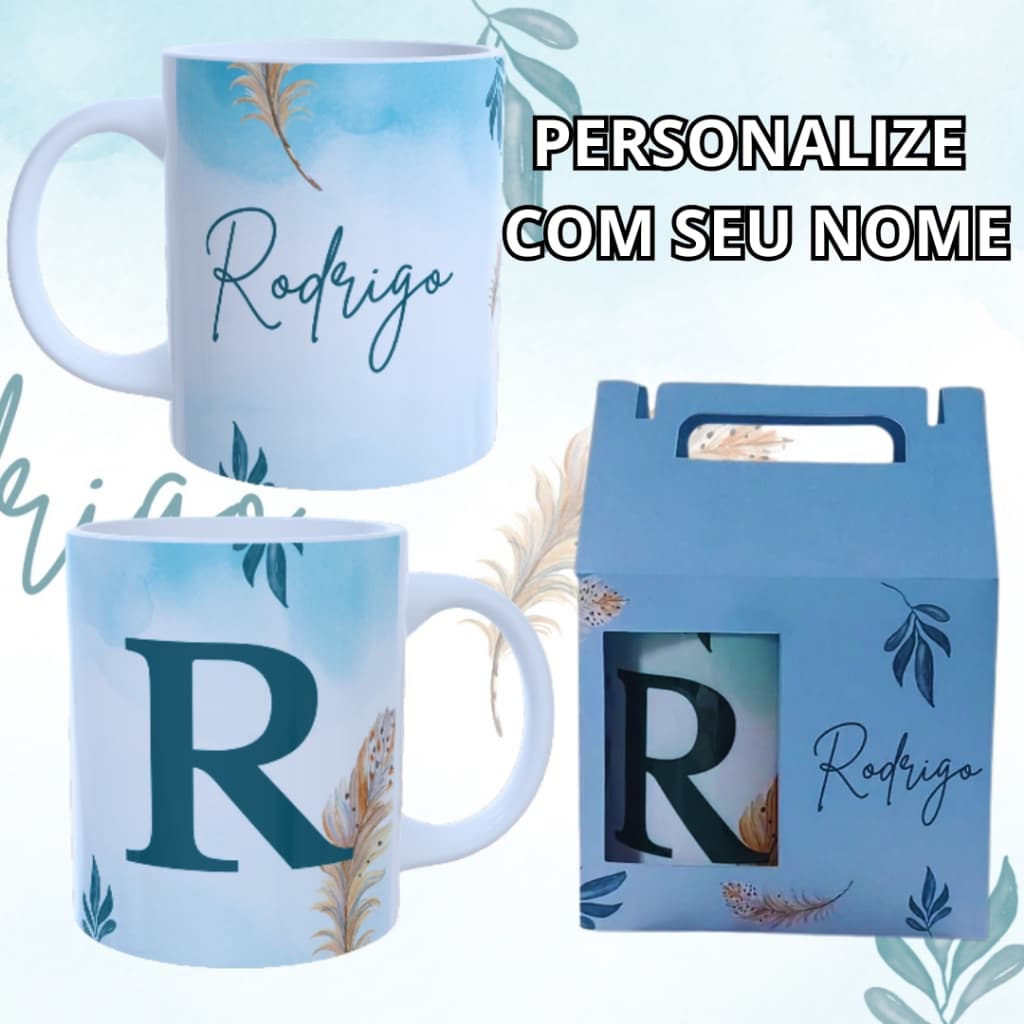 Caneca Masculina Com Inicial e Nome Azul Porcelana Personalizada 325ml Temos Todas as Letras Presentes