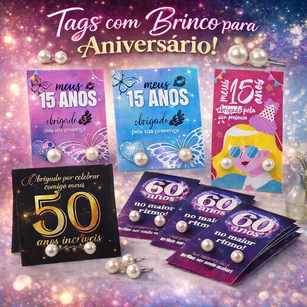 Kit de Tags de Aniversário com Brincos – Ideal para Lembrancinhas e Presentes