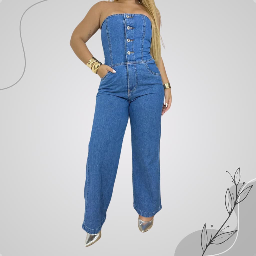 Macacão Jeans Wide Leg Tomara Que Caia Botões Sofisticado, Moderno E Cheio De Estilo