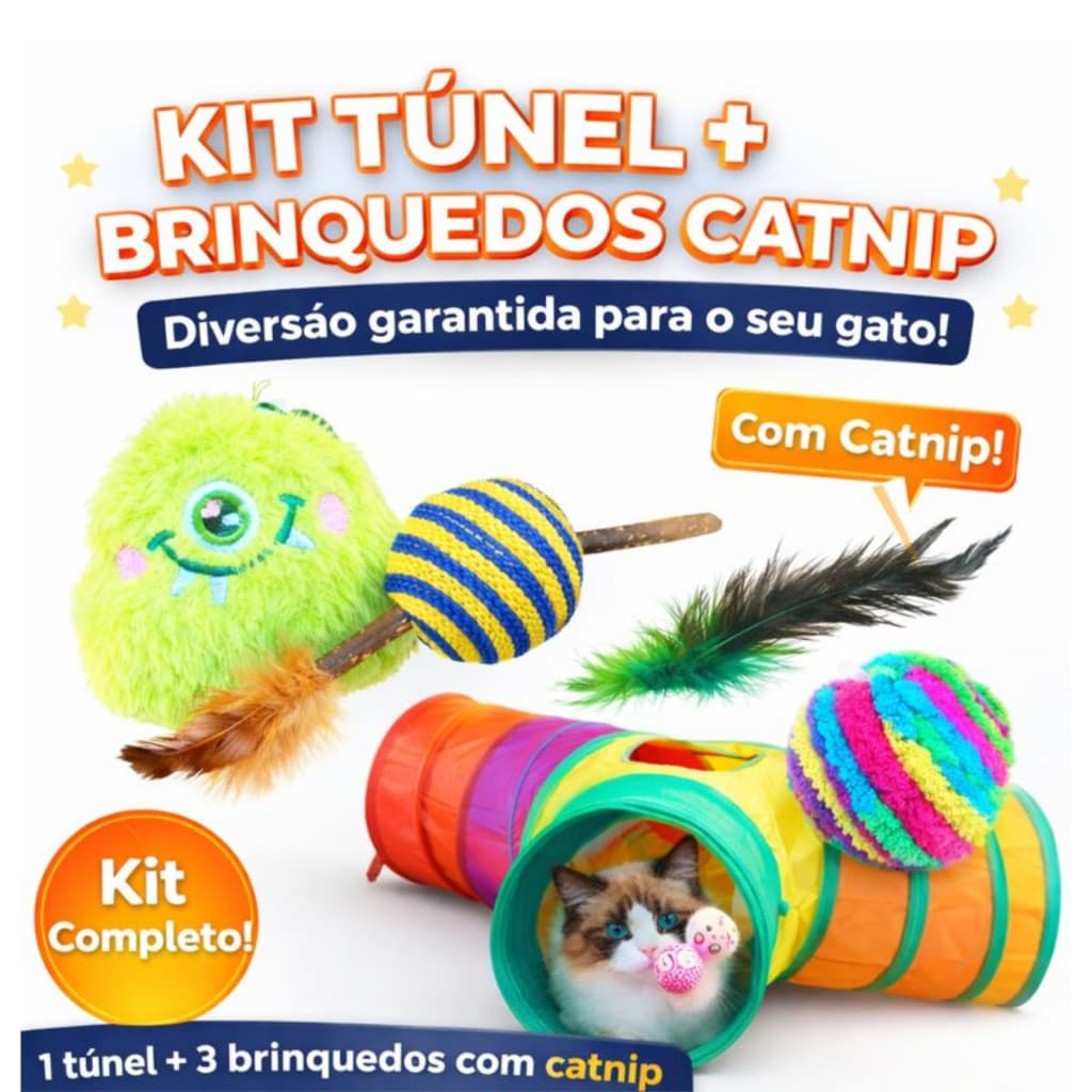 KIT Túnel Brinquedo Labirinto Colorido Para Pets Dobrável gatos 3 brinquedos catnip