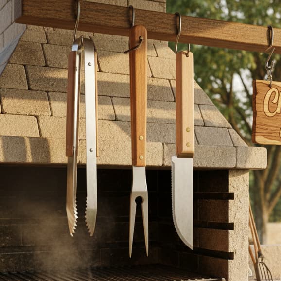 KIT CHURRASCO 3 PÇS - FACA GARFO E PINÇA EM AÇO INOX E BAMBU