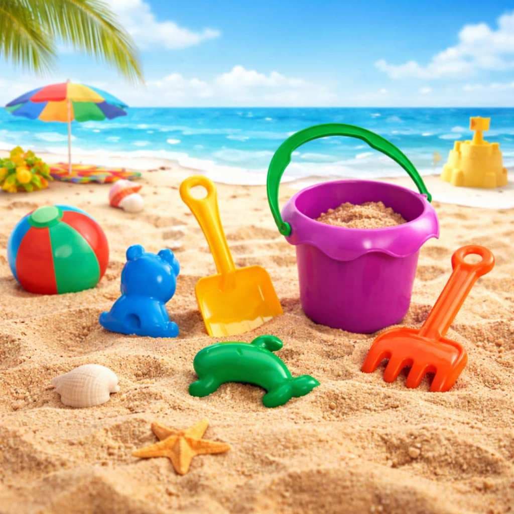 Kit Baldinho de Praia Infantil 5 Peças – Brinquedo de Areia Colorido para Criança, Praia e Piscina