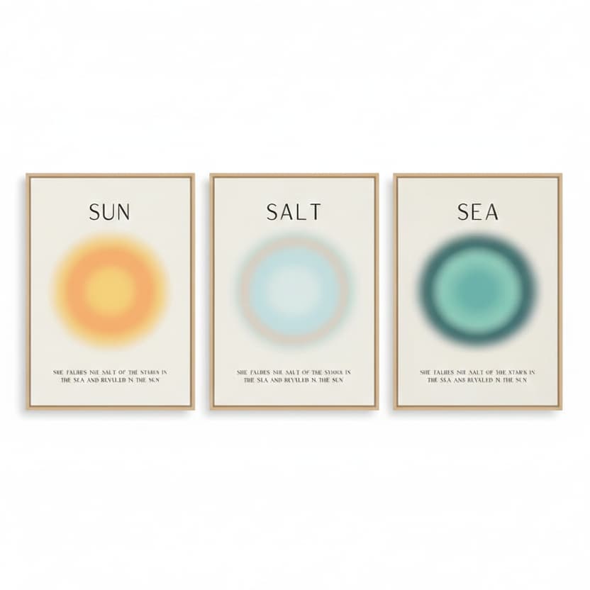 Quadros decorativos Sol sal e mar aura costeira arte minimalista azul amarelo praia (3 peças)