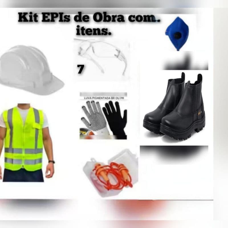 Kit EPIs para Obra 7 Itens: Capacete, luvas, Óculos, Protetor Auricular e Colete Refletivo, Luvas e Botas.